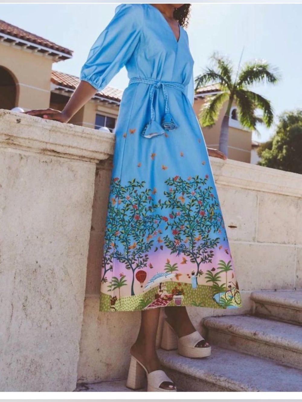Sky Blue Scenic-Print Midi Dress with Tie Waist